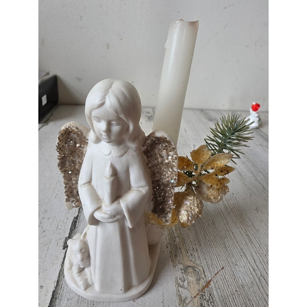 Vintage ceramic Angel cherub candle holder lamb glitter 2702A Xmas white decor